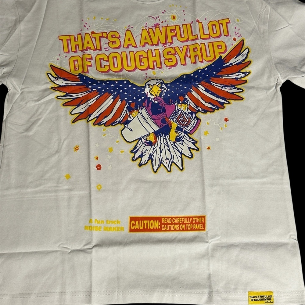 That’s an awful a lot of cough syrup White Graphic T-Shirt with Bold Text New - Picture 2 of 5